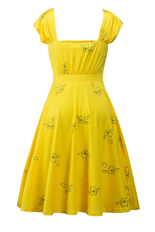 Celebrity Inspired Yellow Cap Sleeves A-Line Dress - Fashionpara