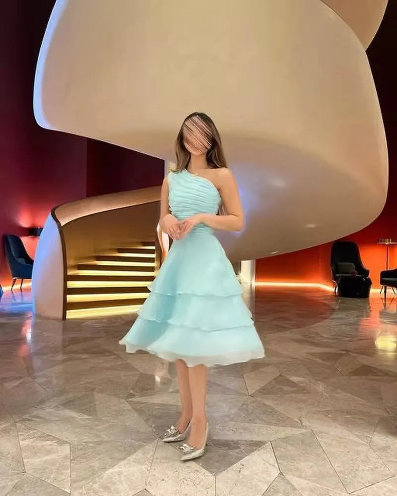 Hearty Mint Green Prom Dress Organza One Shoulder Tiered Party Knee Length Princess Growns