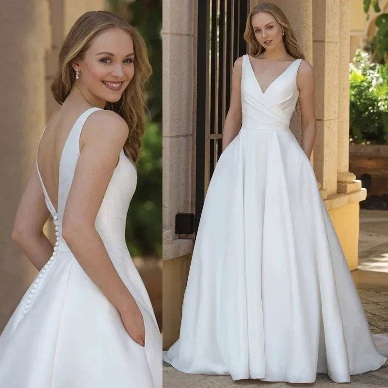 Simple A-Line Wedding Dresses With Pockets Classic V-Neck Sleeveless Backless Satin Bridal Gown Vestidos De Novia New (ZD13418)