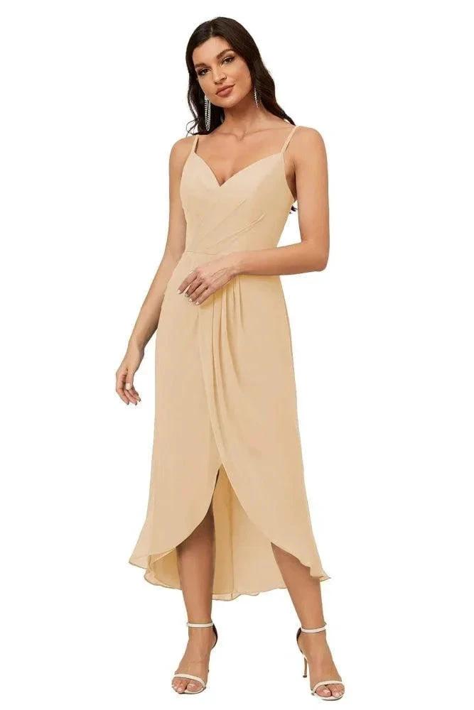 Numbersea Spaghetti Chiffon V Neck Bridesmaid Dress Mid-Length Slit Formal Prom Dress Homecoming Dress 2803 by numbersea