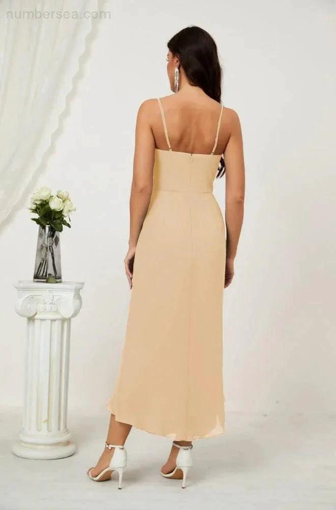 ZapDress Spaghetti Chiffon V Neck Bridesmaid Dress Mid-Length Slit Formal Prom Dress Homecoming Dress 2803 (ZD16952)