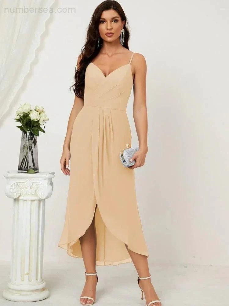 ZapDress Spaghetti Chiffon V Neck Bridesmaid Dress Mid-Length Slit Formal Prom Dress Homecoming Dress 2803 (ZD16952)