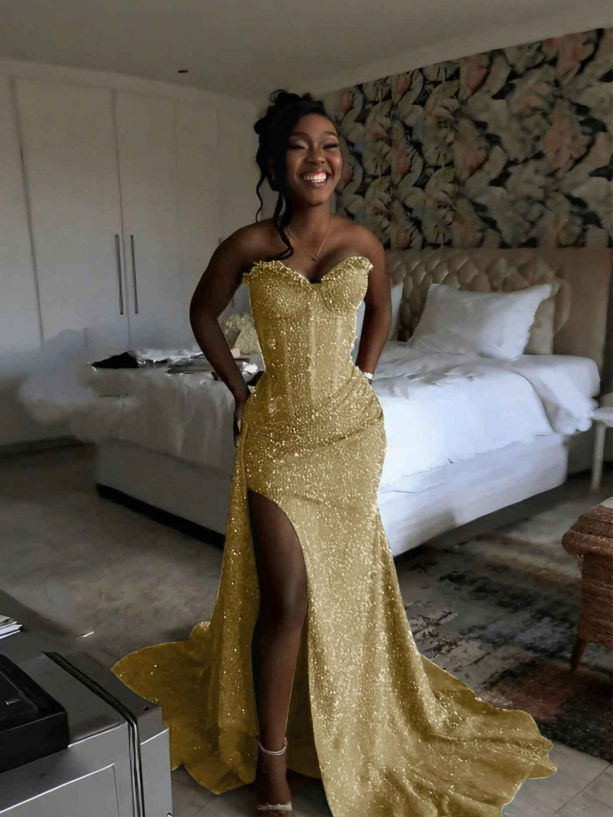 Glitter Strapless Mermaid Sequined Long Prom Dress with Slit (ZD17399)