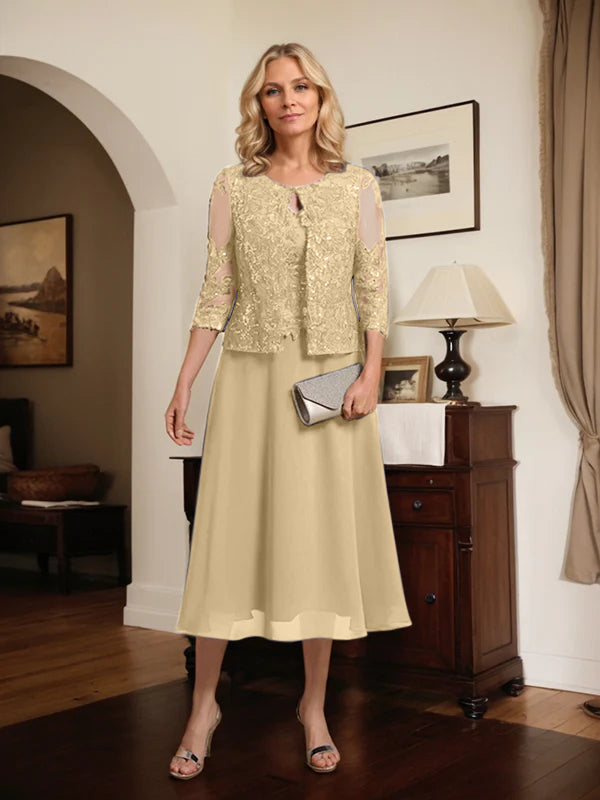 A-line Scoop Tea-Length Lace Chiffon Mother of the Bride Dress With Sequins
