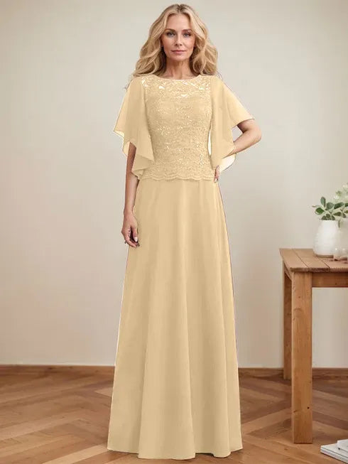 A-line Scoop Illusion Floor-Length Lace Chiffon Mother of the Bride Dress With Sequins - View 13 | FashionDia
