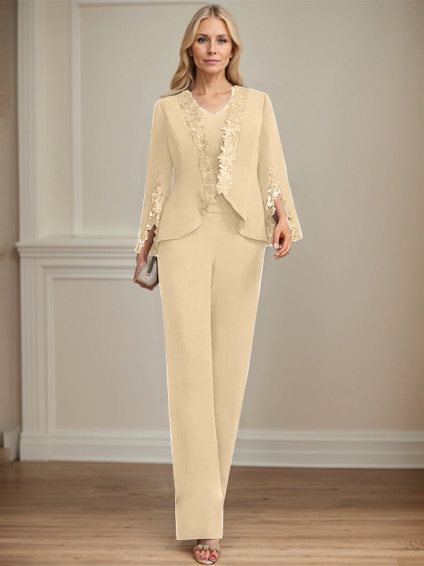 Separates Jumpsuit/Pantsuit V-Neck Floor-Length Chiffon Mother of the Bride Dress - View 14 | FashionDia