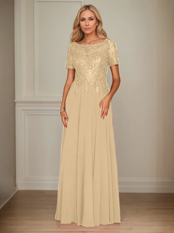 A-Line Chiffon Boat Neck Short Sleeves Floor-Length Mother of the Bride Dresses - View 8 | FashionDia