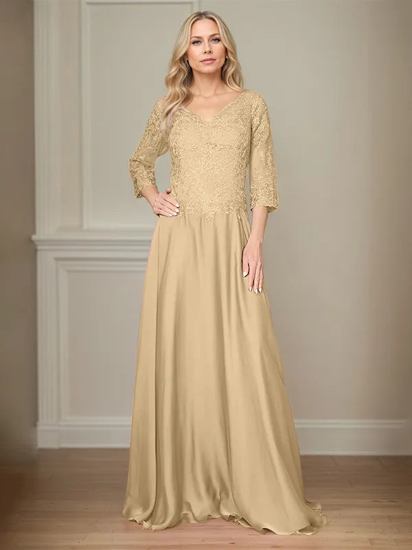A Line Chiffon V Neck 3/4 Sleeves Floor-Length Mother Of The Bride Dress With Appliques