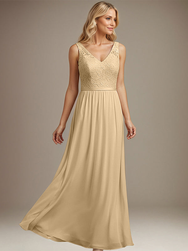 Dusty Blue A-Line V-Neck Floor-Length Lace Chiffon Mother of the Bride Dress - View 6 | FashionDia
