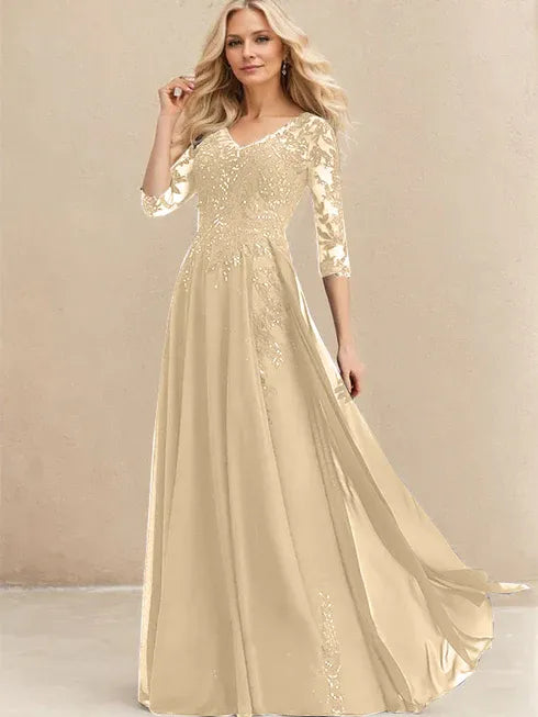 A-line V-Neck Floor-Length Lace Chiffon Mother of the Bride Dress With Sequins - View 11 | FashionDia