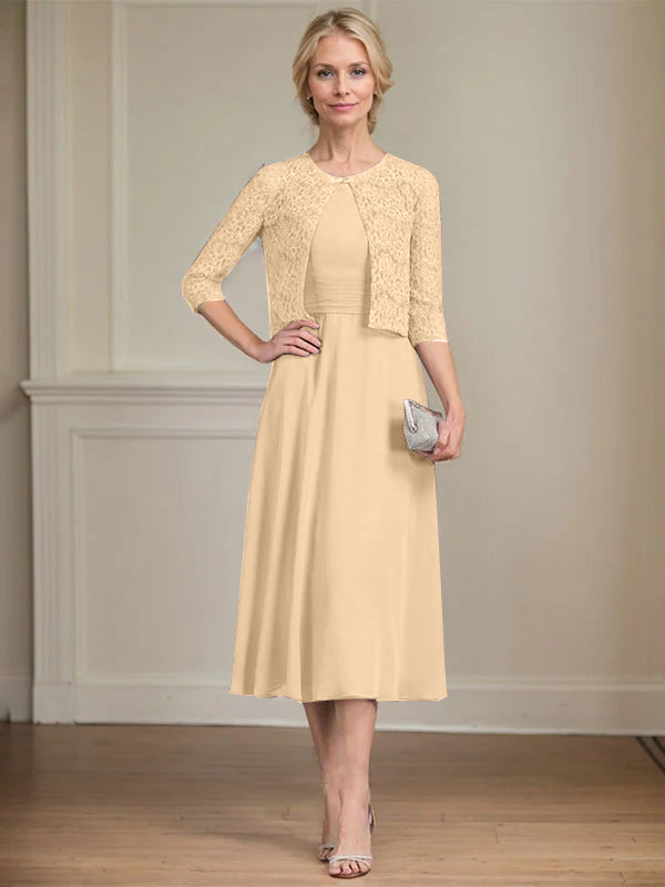 A-line Scoop Tea-Length Chiffon Mother of the Bride Dress With Pleated - View 15 | FashionDia