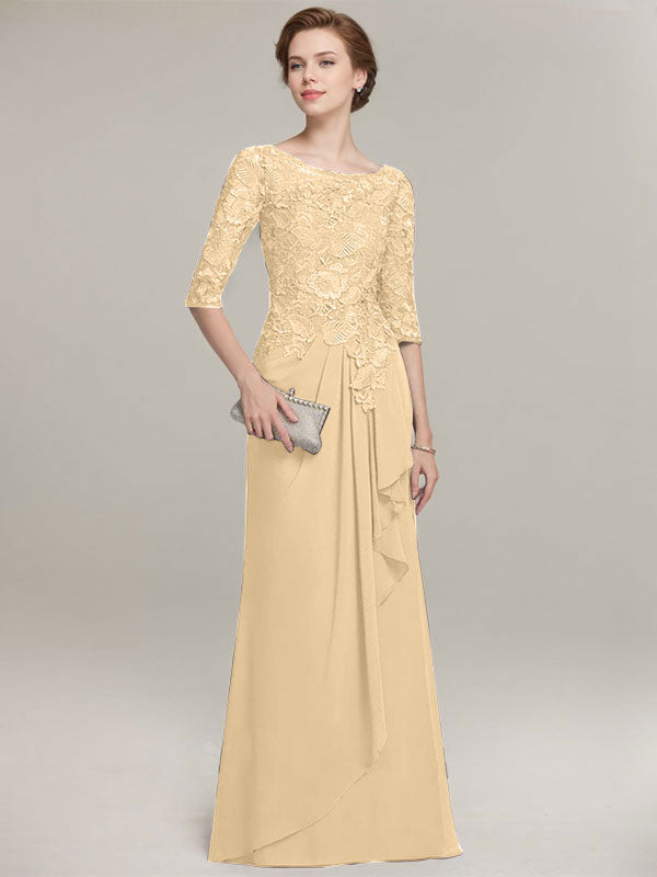 A-line Scoop Illusion Floor-Length Lace Chiffon Mother of the Bride Dress With Cascading Ruffles - View 13 | FashionDia