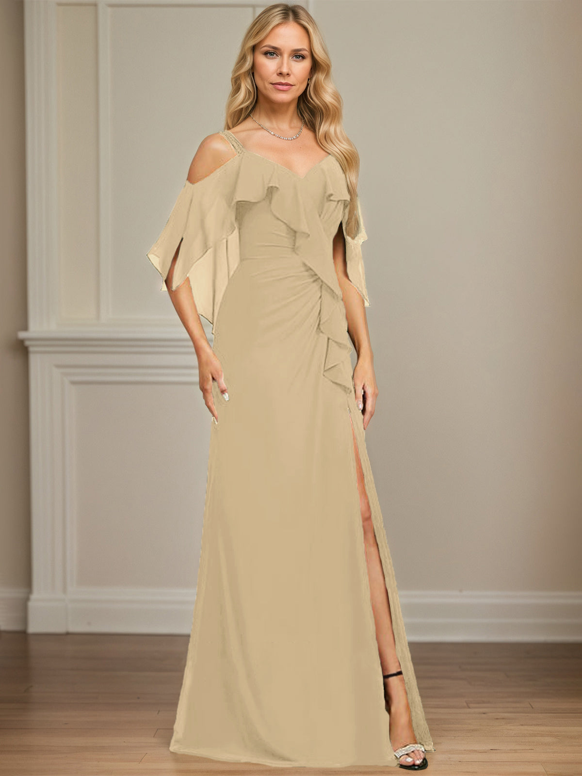 Sheath/Column Cold Shoulder V-Neck Floor-Length Chiffon Dress With Cascading Ruffles Sequins Beading - View 12 | FashionDia