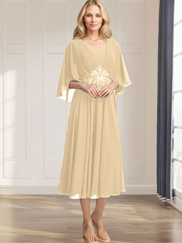 A-line V-Neck Tea-Length Chiffon Mother of the Bride Dress With Pleated Sequins Appliques Lace Beadind - View 13 | FashionDia