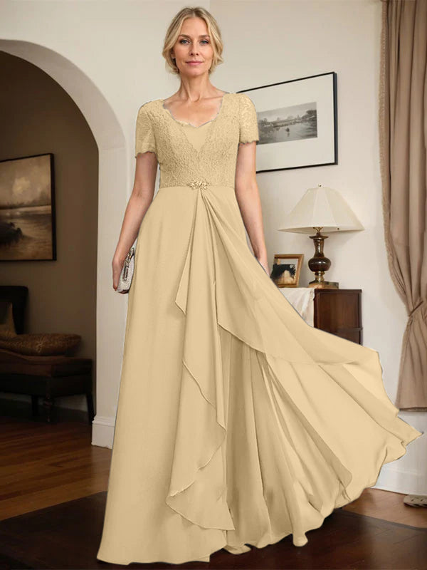 A-line Sweetheart Floor-Length Chiffon Lace Mother of the Bride Dress With Beading Cascading Ruffles - View 10 | FashionDia