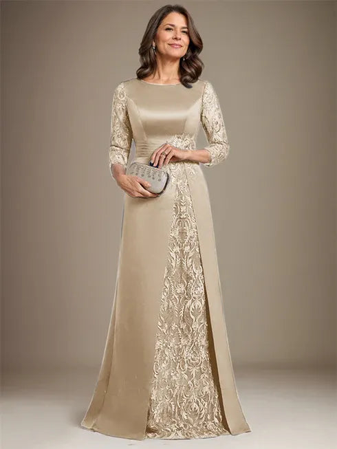A-Line Scoop Floor-Length Lace Satin Mother Of the Bride Dress With Applique - View 14 | FashionDia