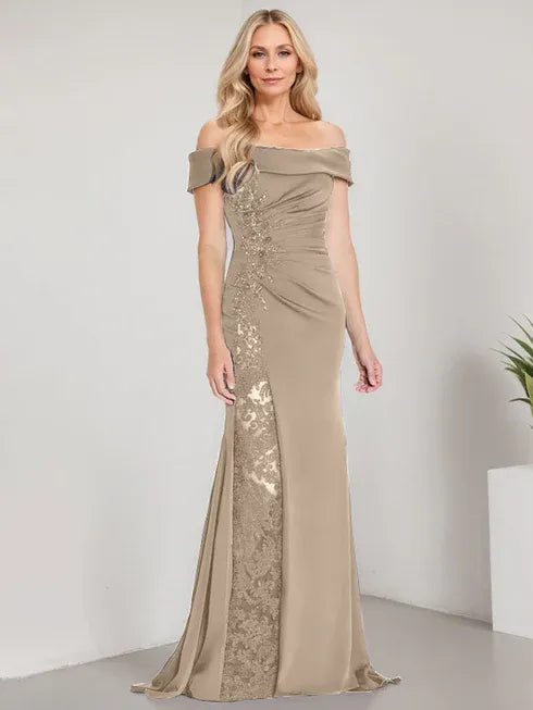 A-Line Off the Shoulder Floor-Length Mother of the Bride Dress Applique Beadings Mermaid Dress With High Split