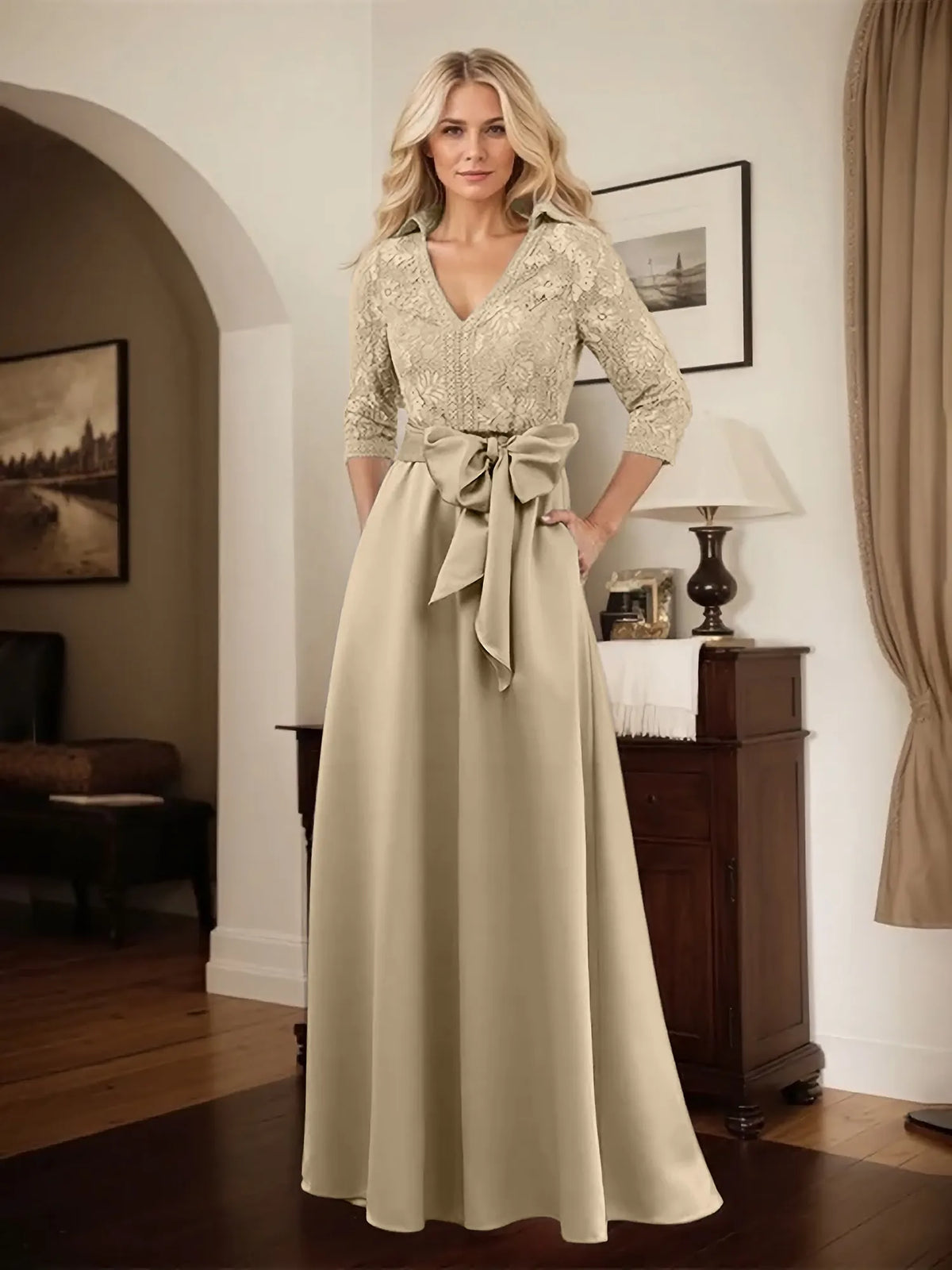 Classic V-Neck Bow Accented Satin Mother Of The Bride Dress With Lace - View 11 | FashionDia