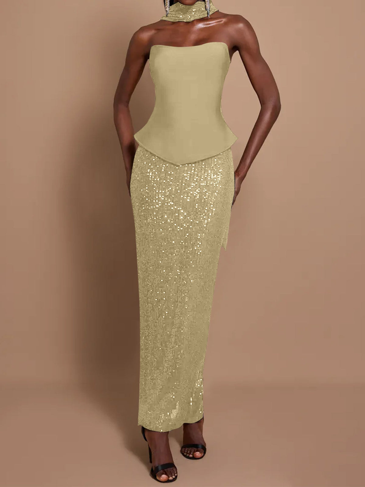 Off-Shoulder Bandage Top & Sequin Midi Skirt Set - View 6 | FashionDia