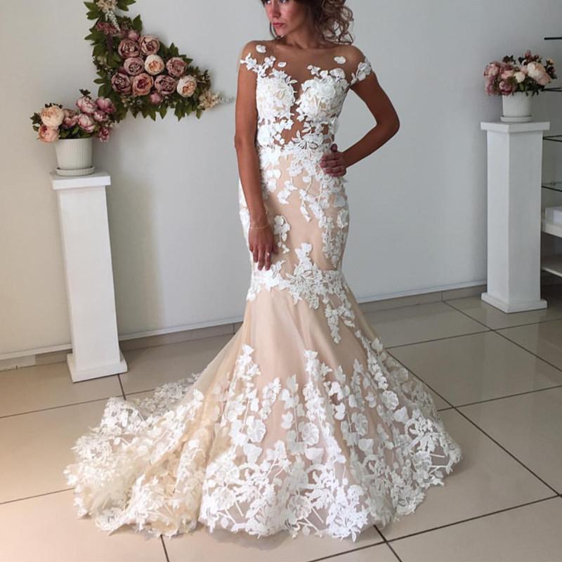 Champagne Pink Lace Appliques Wedding Dresses | Short Sleeves Mermaid Backless Bridal Dress
