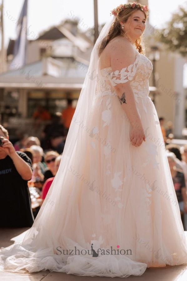 Champagne Plus Size Wedding Dress A Line Off the Shoulder Bridal Gown with Lace Appliques