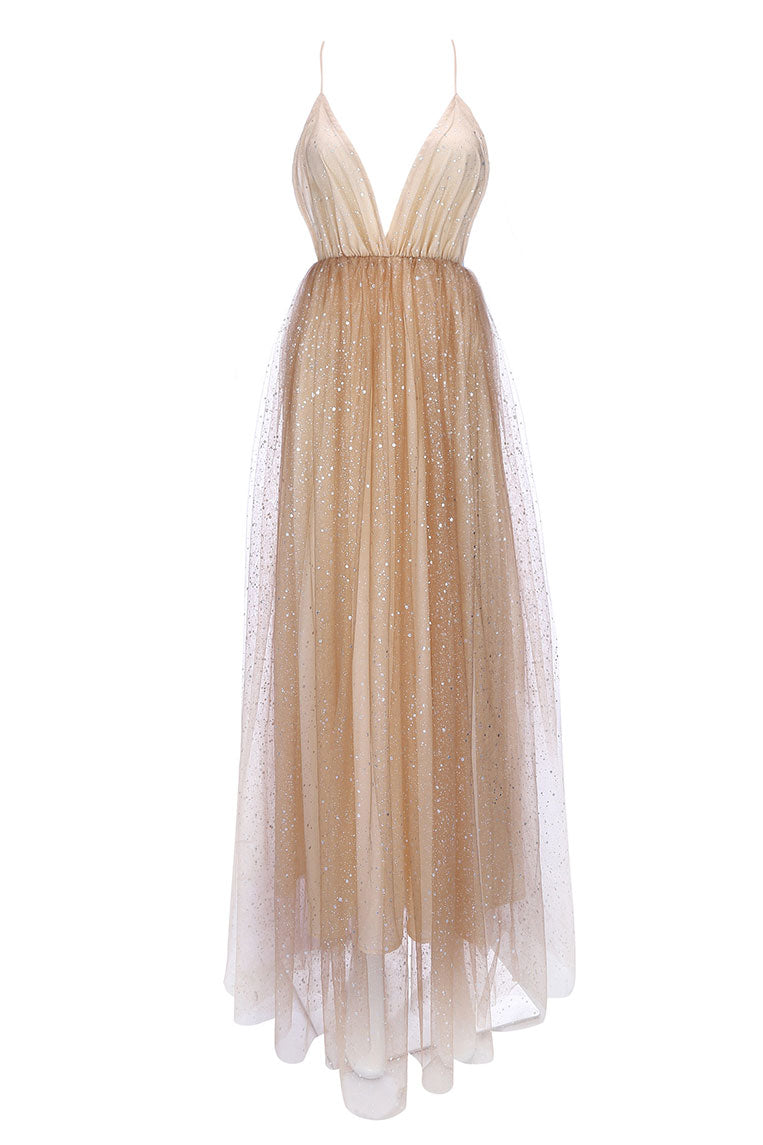 Champagne Sparkly Plunging Deep V-neck Prom Dress - Fashionpara