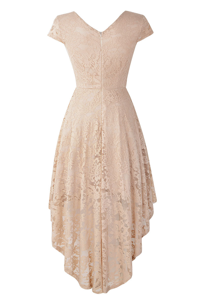 Champagne V Neck Cap Sleeve Lace Prom Dress - Fashionpara