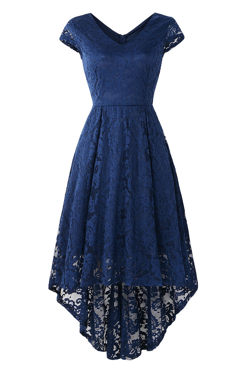 Champagne V Neck Cap Sleeve Lace Prom Dress - Fashionpara