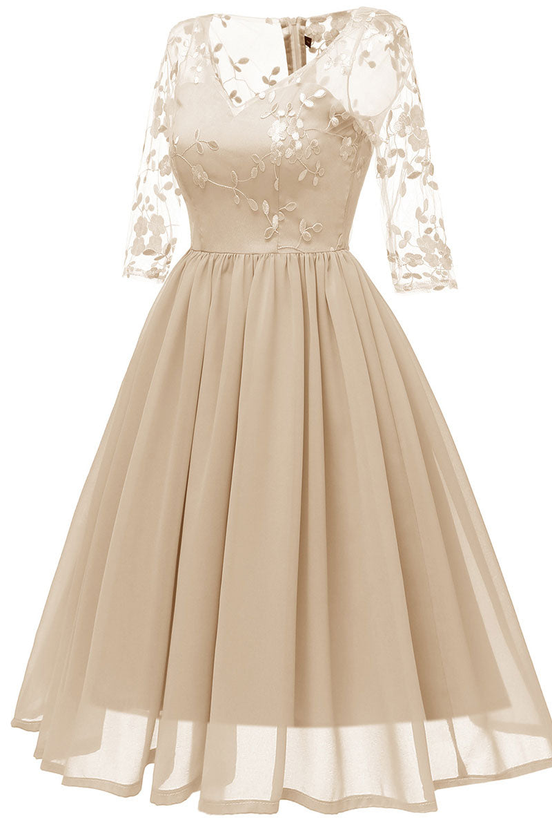 Champagne V-neck A-line Applique Prom Dress With Sleeves - Fashionpara