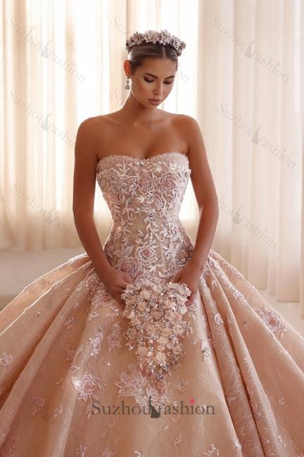Champagne Wedding Dress Strapless Sleeveless Beaded Ball Gown Monarch Train Bridal Gown With Appliques And Rhinestones