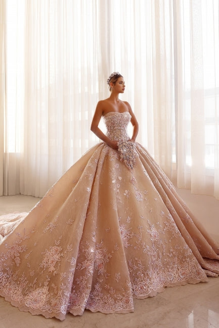 Champagne Wedding Dress Strapless Sleeveless Beaded Ball Gown Monarch Train Bridal Gown With Appliques And Rhinestones