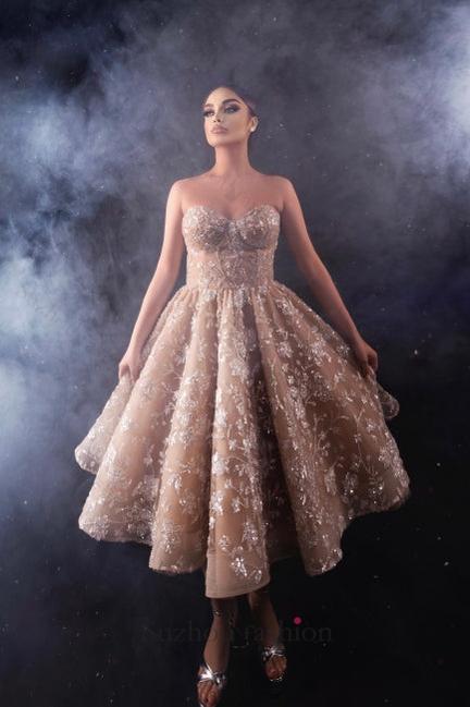 Champagne Wedding Guest Dress Sweetheart A Line Sequined Tulle Homecoming Dress