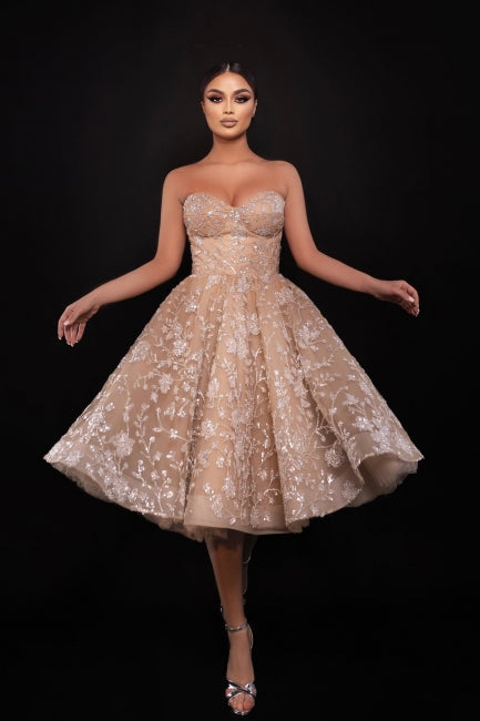 Champagne Wedding Guest Dress Sweetheart A Line Sequined Tulle Homecoming Dress