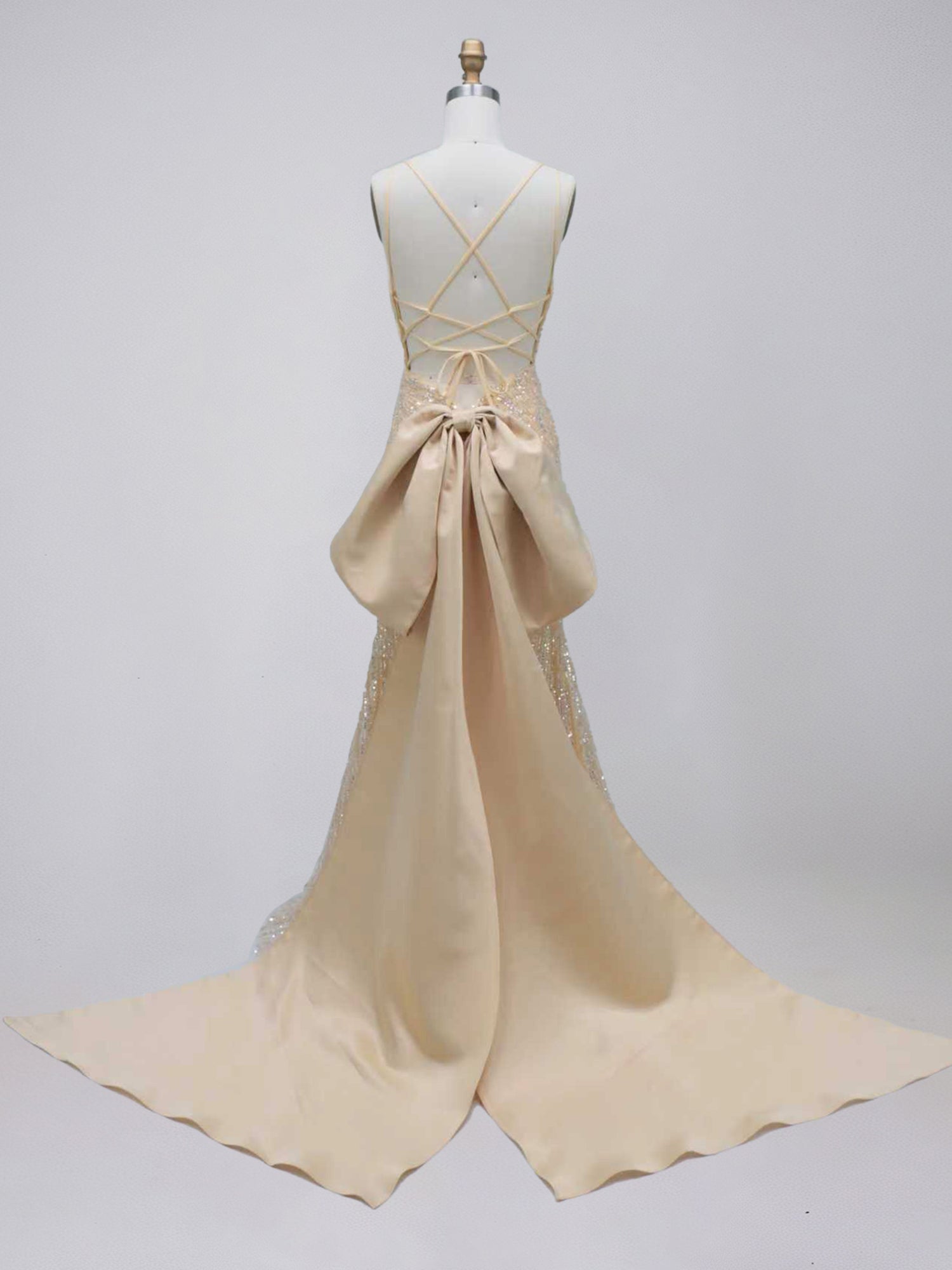 Champagne Gold Sequin Satin Train Mermaid Prom Dress with Bow