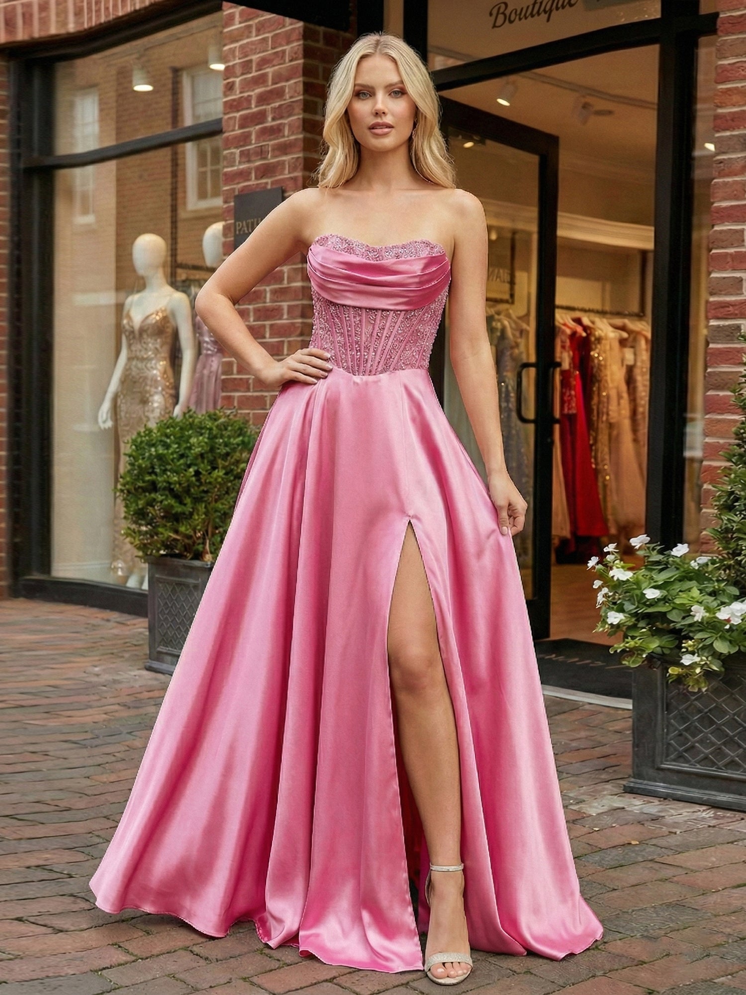 Champagne Gold Strapless Beaded Corset Satin A-Line Prom Dress