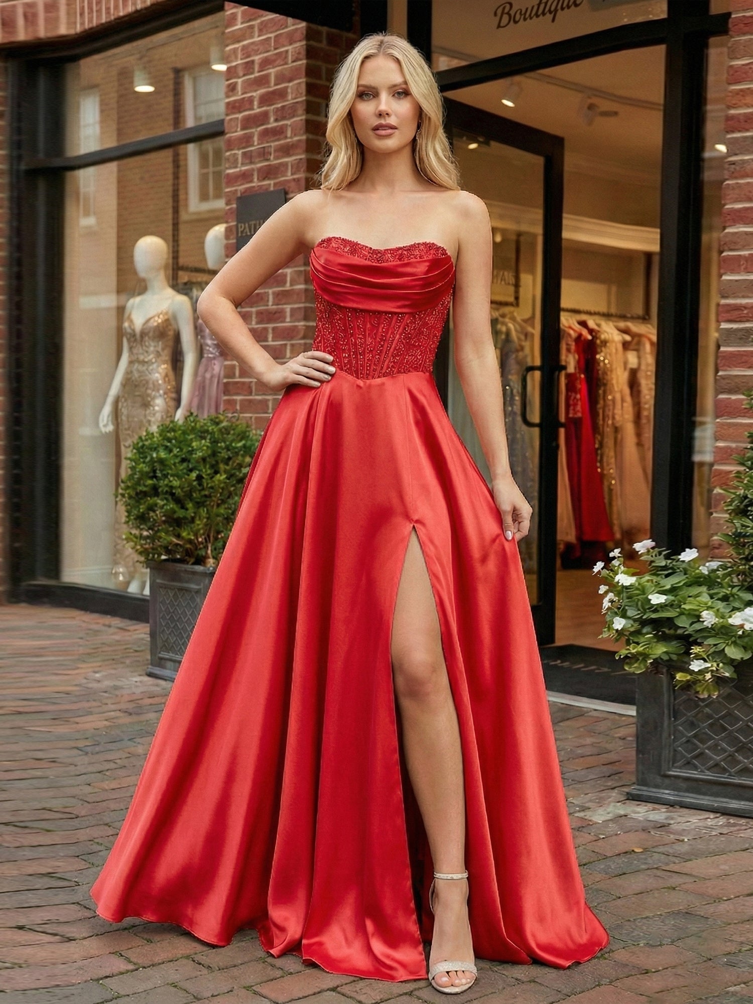 Champagne Gold Strapless Beaded Corset Satin A-Line Prom Dress