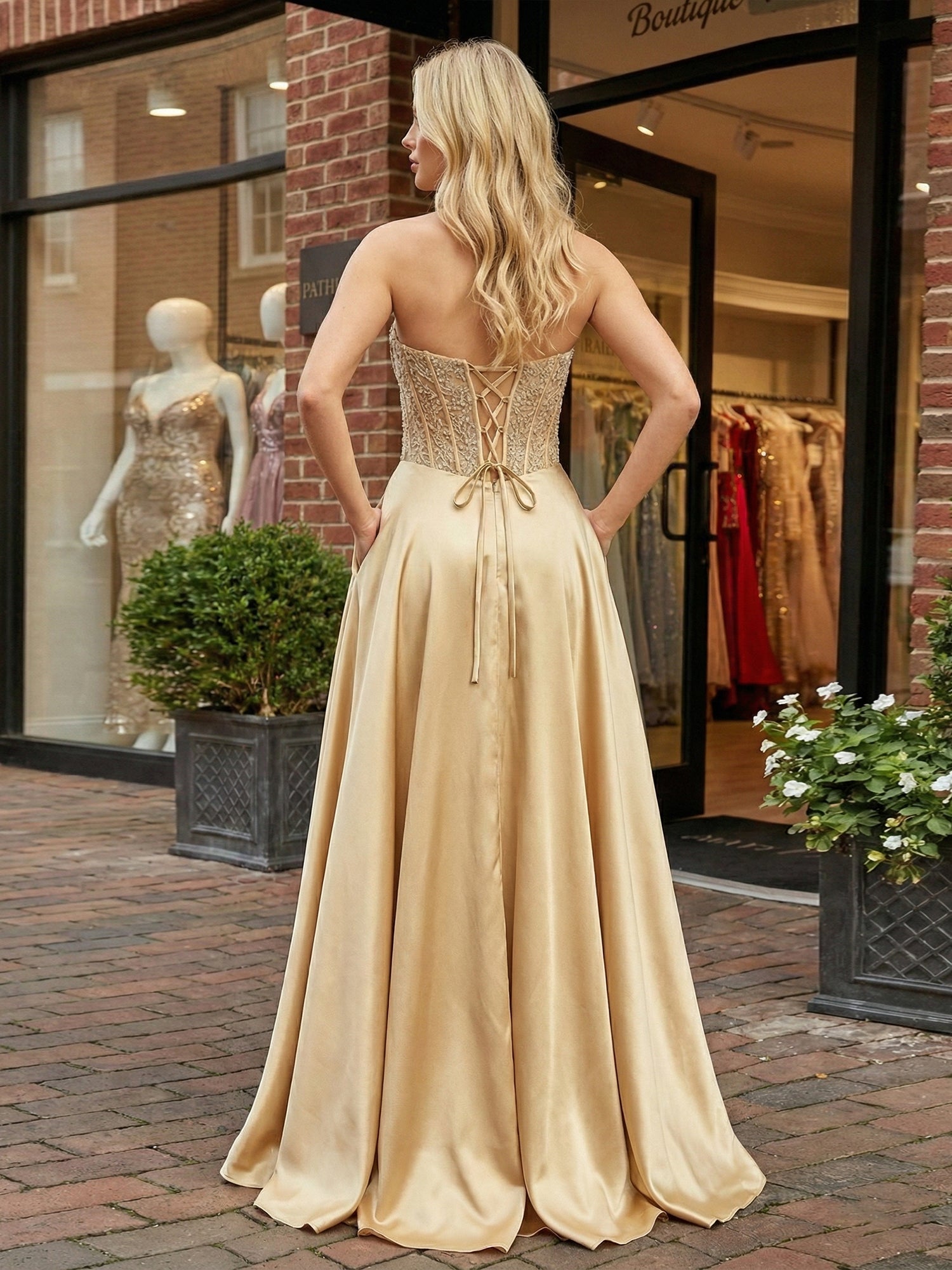 Champagne Gold Strapless Beaded Corset Satin A-Line Prom Dress