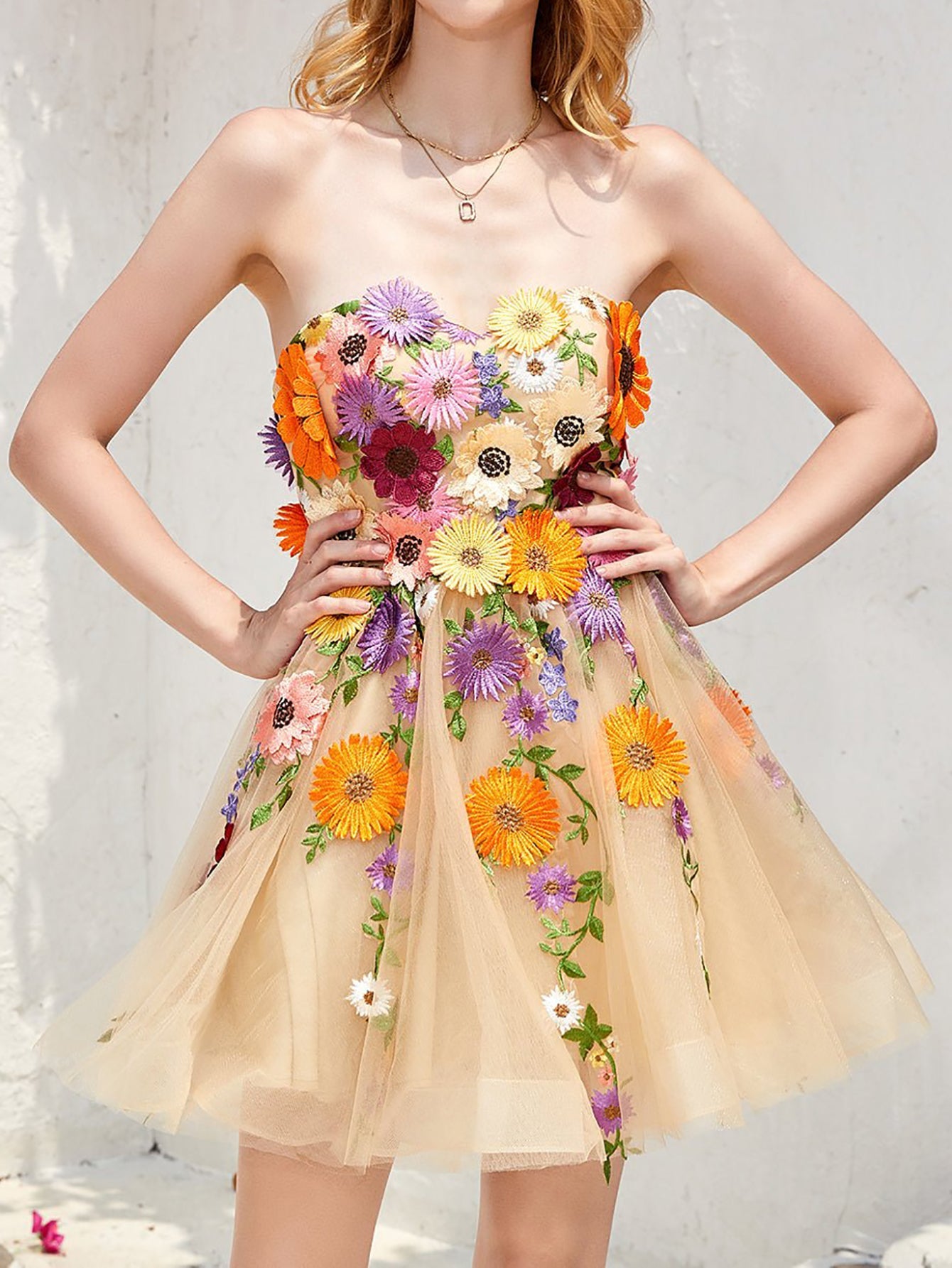 Strapless Champagne A Line Homecoming Dress With 3D Flowers - Fashionpara