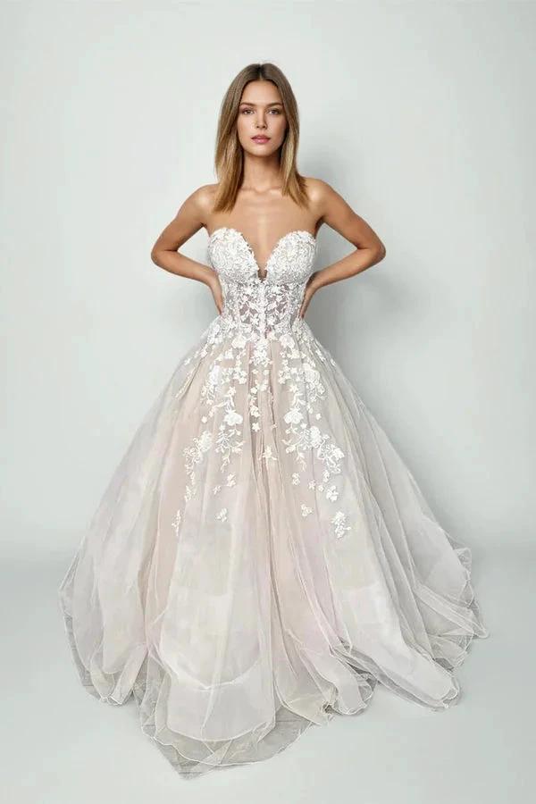 Champagne Tulle Lace Elegant Wedding Dresses Strapless Bridal Gowns (ZD16113)
