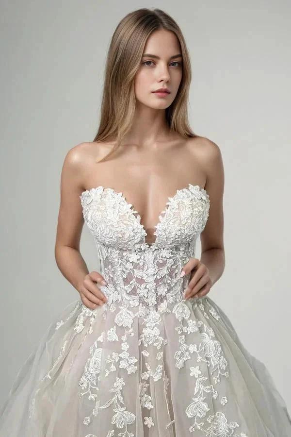 Champagne Tulle Lace Elegant Wedding Dresses Strapless Bridal Gowns (ZD16113)