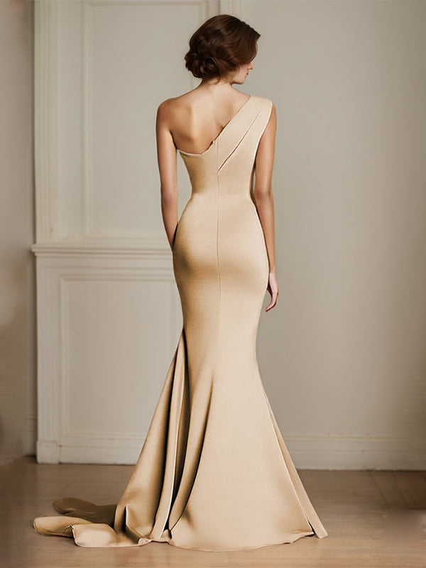 Elegant Khaki One Shouder Mermaid Ruched Long Satin Formal Dress