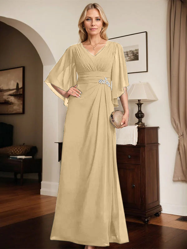 Sheath/Column V-Neck Floor-Length Chiffon Mother of the Bride Dress With Pleated Sequins Beading