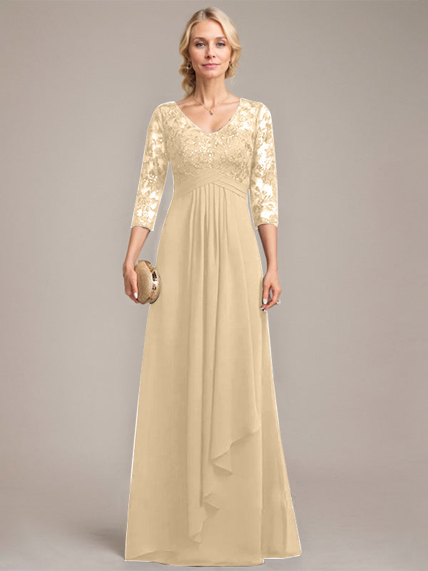 A-line V-Neck Floor-Length Lace Chiffon Mother of the Bride Dress With Cascading Ruffles Sequins - View 12 | FashionDia