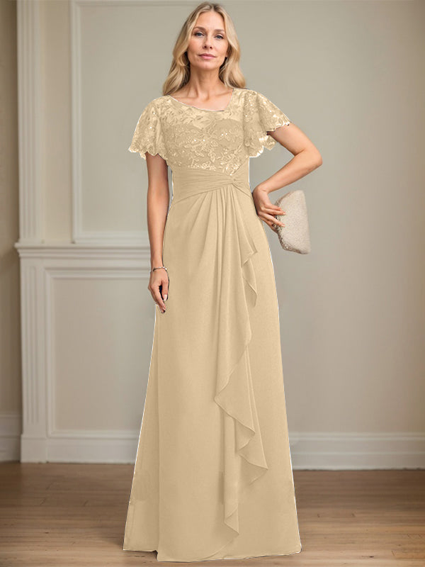 A-line Asymmetrical Illusion Floor-Length Lace Chiffon Mother of the Bride Dress With Cascading Ruffles Sequins - View 13 | FashionDia