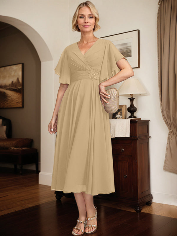 A-line V-Neck Tea-Length Chiffon Mother of the Bride Dress With Pleated Beading - View 11 | FashionDia
