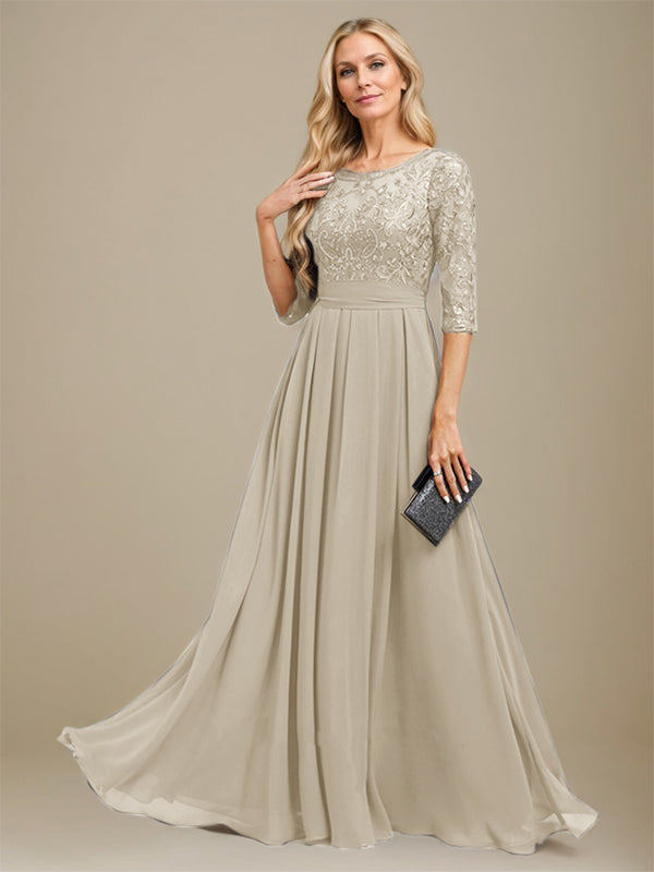 A-Line Scoop Floor-Length Lace Chiffon Mother Of the Bride Dress With Sequins Applique - View 13 | FashionDia