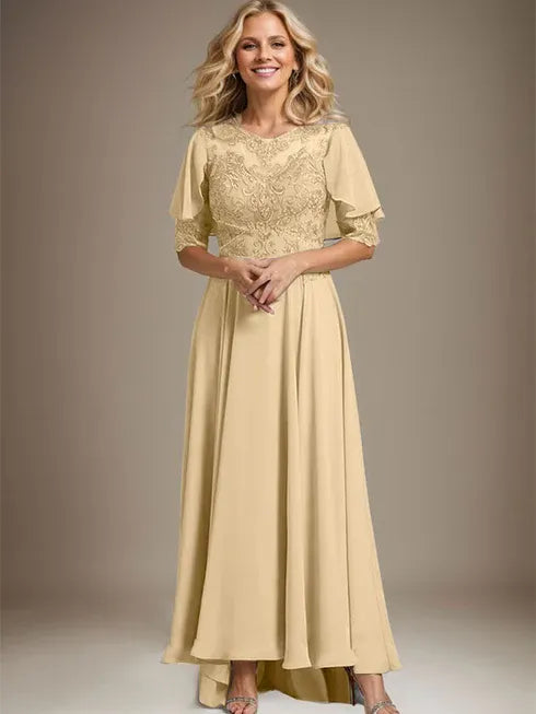 A-line Scoop Illusion Asymmetrical Chiffon Lace Mother of the Bride Dress With Beading - View 13 | FashionDia