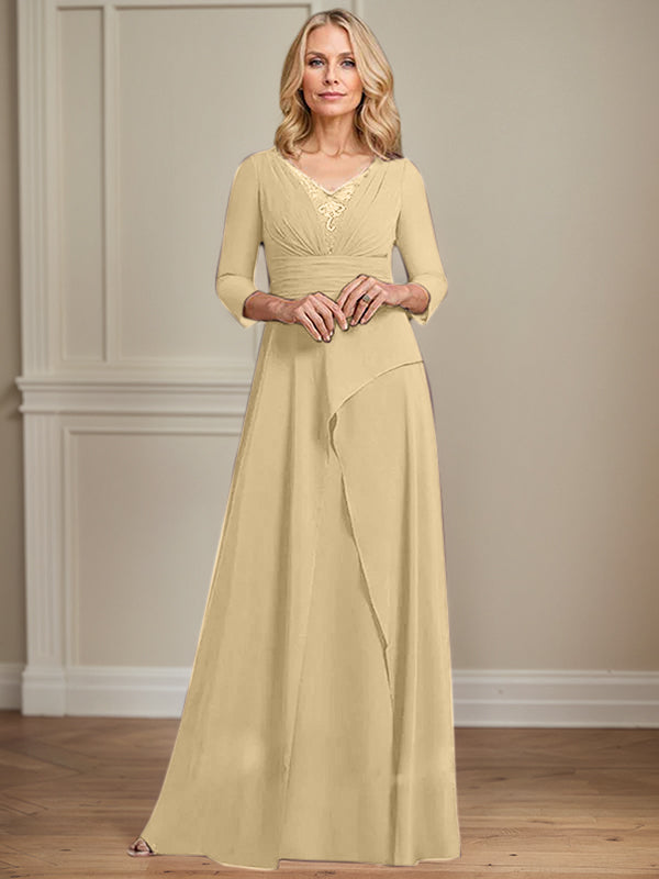 A-line V-Neck Floor-Length Chiffon Mother of the Bride Dress With Pleated Beading - View 11 | FashionDia