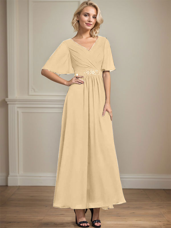 A-line V-Neck Ankle-Length Chiffon Mother of the Bride Dress With Pleated Beading Sequins - View 15 | FashionDia