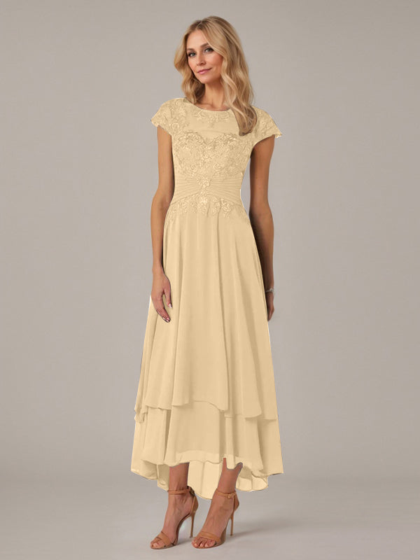 A-line Boat Neck Illusion Asymmetrical Chiffon Lace Mother of the Bride Dress With Applique Pleats - View 14 | FashionDia